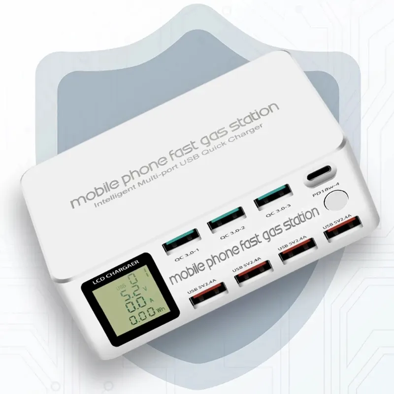 Pengisi Daya Cepat 8 Port untuk Ponsel, Stasiun Gas Cepat, Pengisi Daya Usb Multiport Cerdas PD QC3.0, Pengisi Daya Cepat