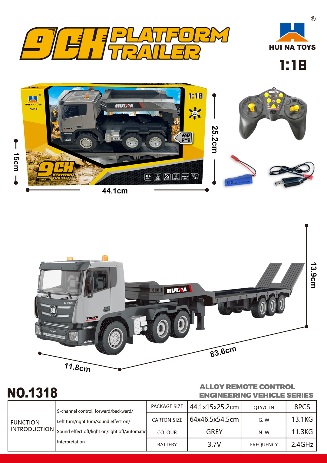 1/18 9CH Semi Alloy RC Flatbed Trailer