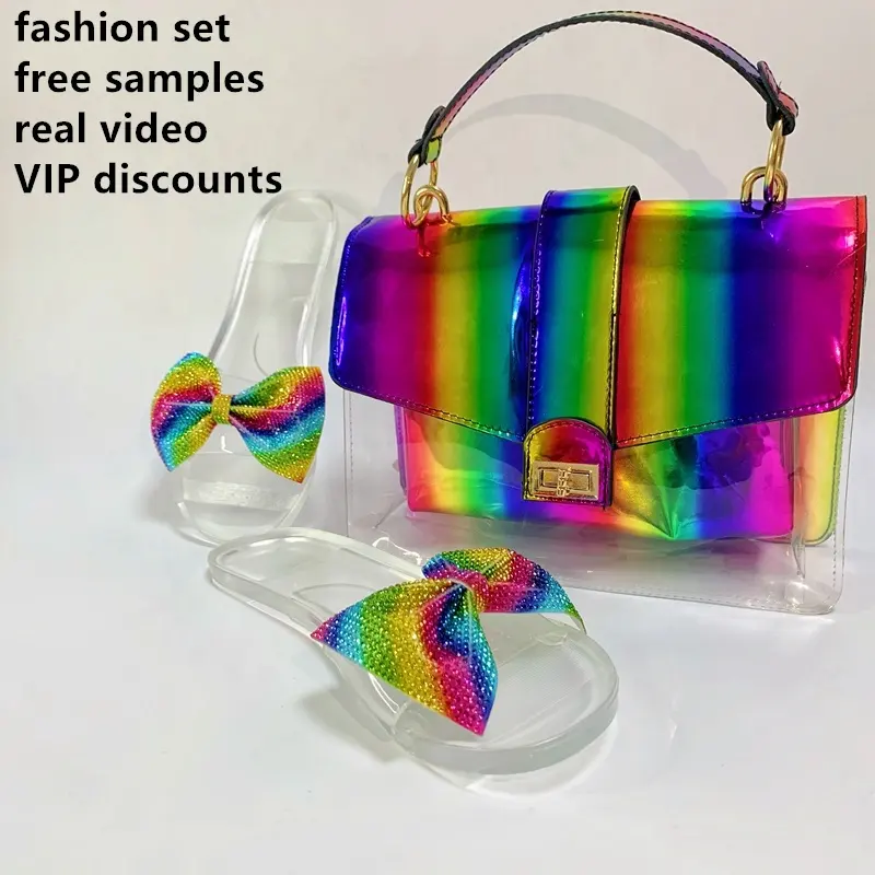 2022 Fashion Rainbow Candy PU sandals Chain Zipper Hasp Colorful Women Handbag Two Packs Purse Leisure Ladies Bag