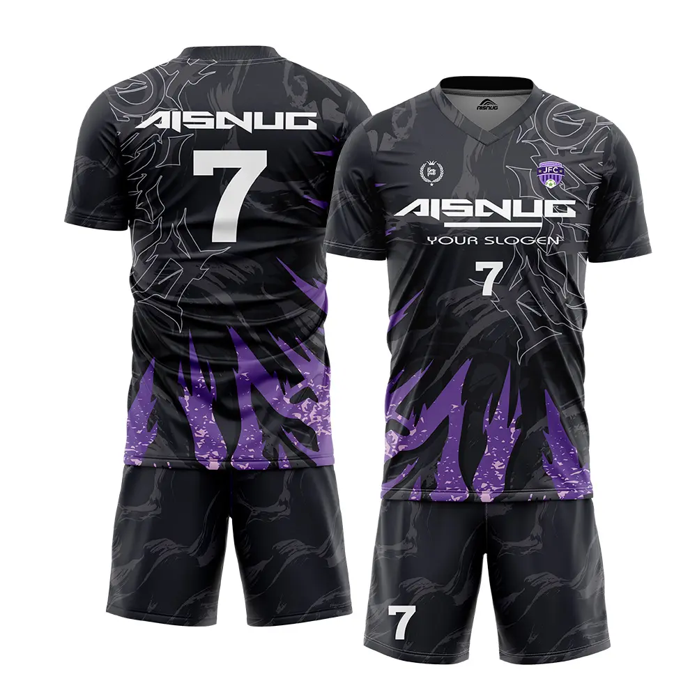 Atacado de alta qualidade novo design de ouro roxo verde pele, top masculino, esportes, clube, futebol, uniforme de futebol + roupa