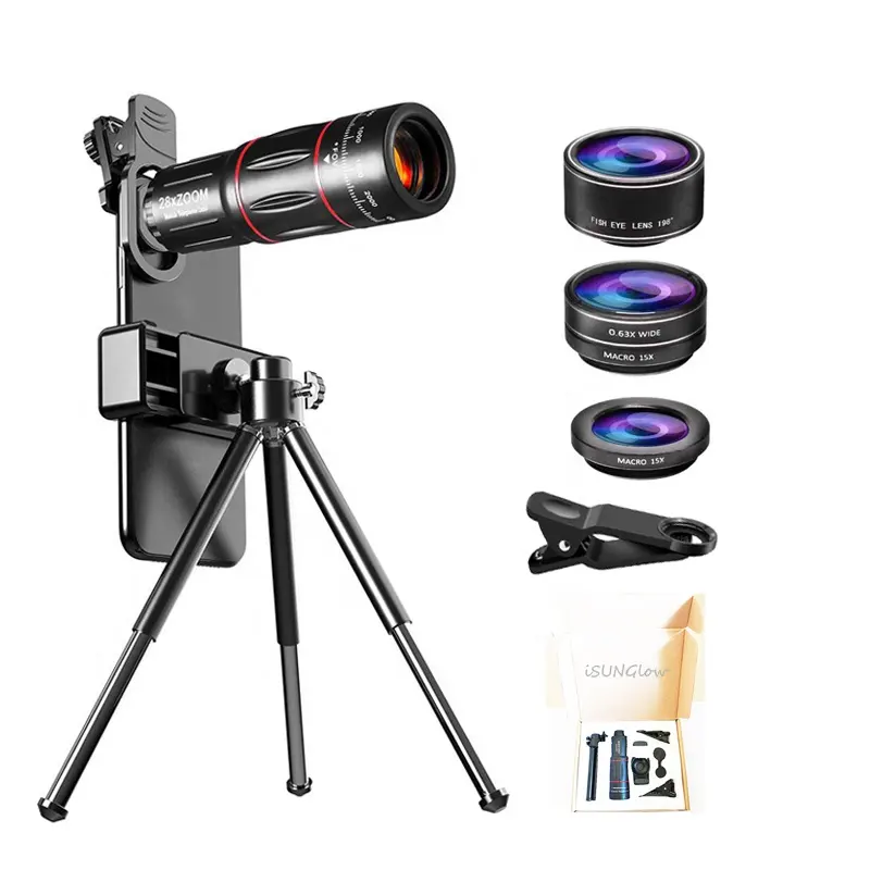 Telefonu teleskop telefoto Lens balıkgözü 0.63X geniş açı makro Lens portre çekim 4 in 1 cep telefonu kamera Lens Tripod vlog kiti