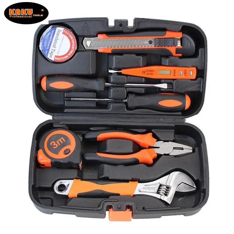 KAKU-Kit de herramientas de electricista con llave ajustable, caja de reparación para el hogar, juegos de herramientas de mano, venta al por mayor, 9 Uds.