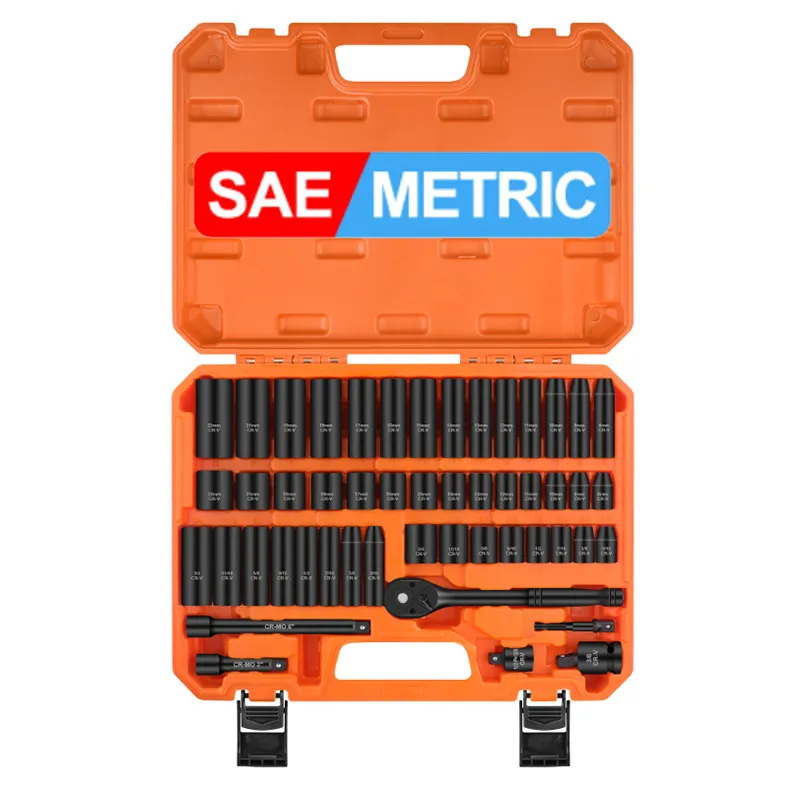 50 piezas de 6 puntos Cr-V 1/2 "Drive Impact Socket Set SAE 3/4" a 5/16 "y métrico 8-24mm para reparación de automóviles con caja de almacenamiento