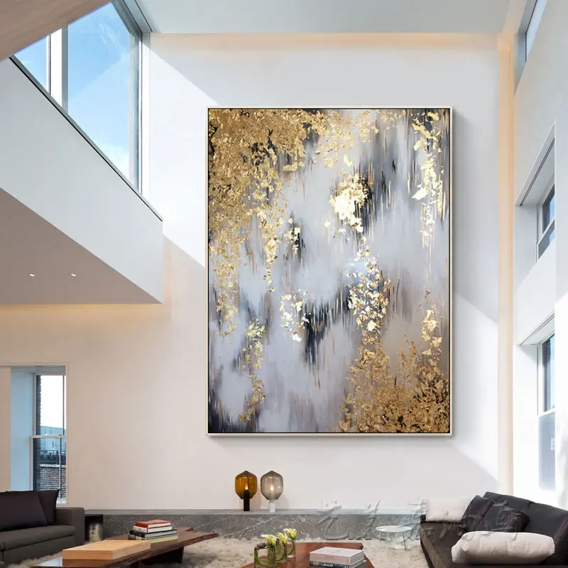 Pintura de parede Ouro para Sala Parede Modern Foil Abstract Hotel Artwork Wall Art Pintura a óleo sobre tela Personalizado Impresso