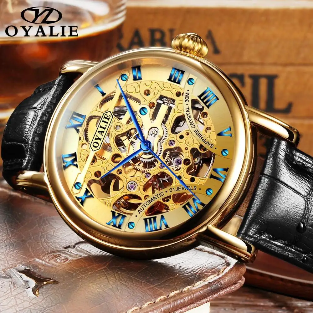 Vigilanza degli uomini Top di Lusso di Marca Degli Uomini Della Vigilanza Meccanica OYALIE Uomini di Marca Classic Cassa In Oro Della Lega Orologio Made In China