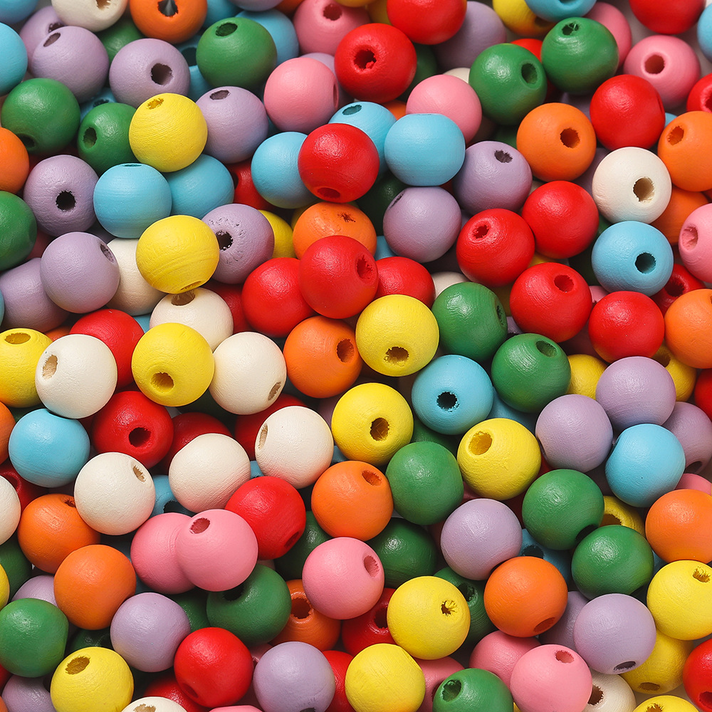 Perles de couleurs mélangées en bois de hêtre de 10 mm - couleurs claires mélangées, 50 perles