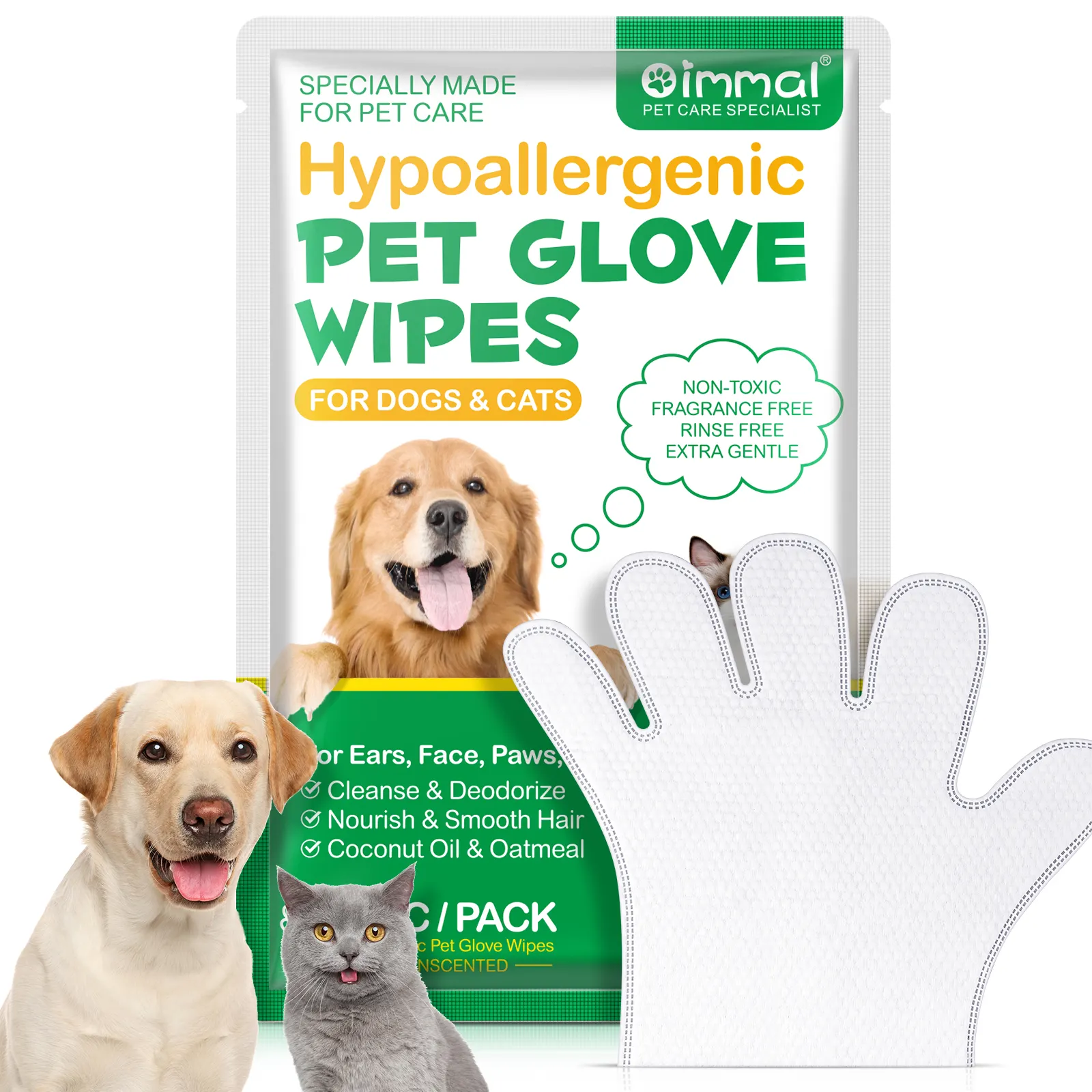 Oimmal Gants de nettoyage hypoallergéniques pour animaux de compagnie Lingettes de marque privée Gants de toilettage biodégradables pour animaux de compagnie Lingettes humides pour chiens et chats