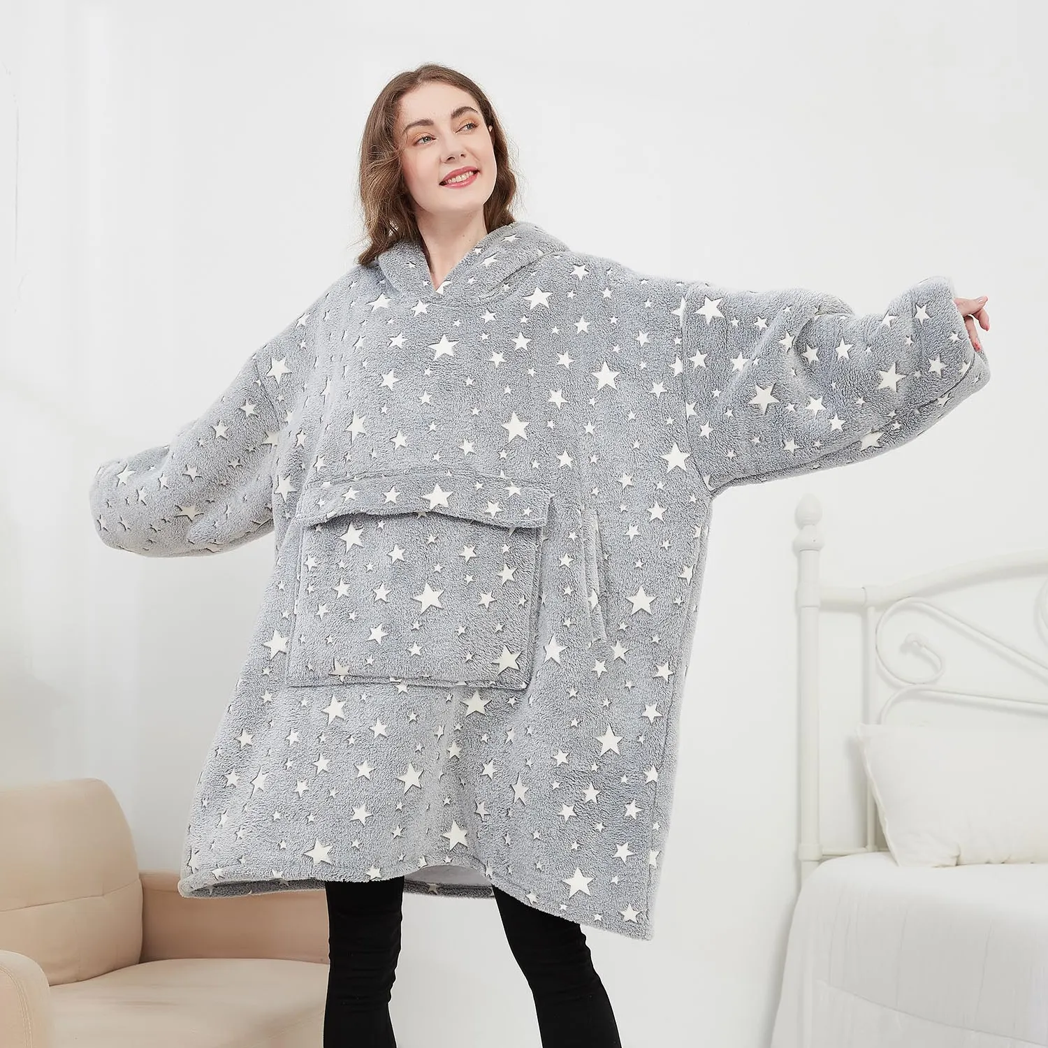 All'ingrosso casa setosa maniche morbide felpa gigante personalizzata animali domestici indossabile bambini Glow in the Dark coperta con cappuccio invernale oversize