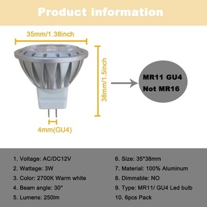 Dimmable 3W <strong>MR11</strong> <strong>LED</strong> Spot Light Bulb GU4 <strong>G4</strong> Base 3000K Warm White Modern Recessed Track Lighting Bedrooms ROHS Certified IP44