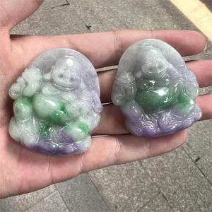 卸売ミャンマーブルマジェイドトリコロールグリーンイエロー笑いブッダ50mm刻まれたジェイドペンダントジュエリーペンダントDIYアクセサリー