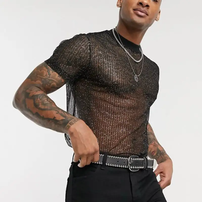 RNSHANGER Night club mesh t shirts for men summer show transparent sexy men t shirts