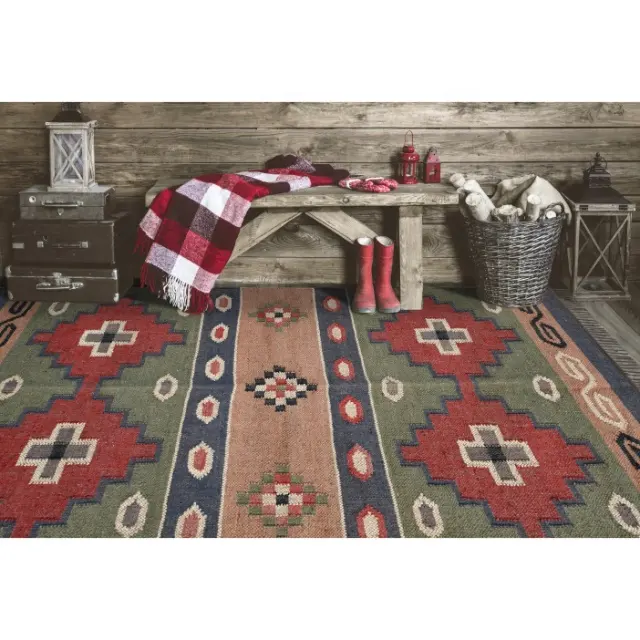Indische handgemachte Wolle Jute abstrakt gedruckt Wohnzimmer Flur Teppiche Teppich Teppich Ethnisches Muster Schlafzimmer Teppiche Home Decor Throw