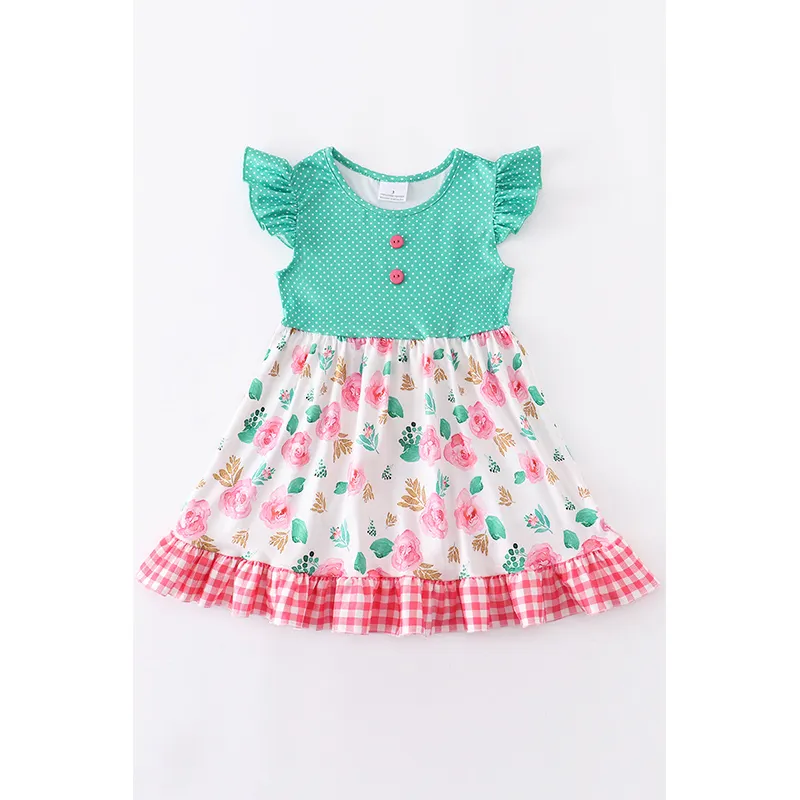 Neuankömmling Little Girl Kleid Hot Sale Sommer Frühling Mode Kinder Mädchen Green Dots Floral Ruffle Plaid Kleid