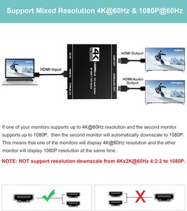 4K @ 60Hz Audio HDMI Splitter 1 en 2 salidas, enlaces de audio Divisor HDMI de aluminio para monitores duales con la misma imagen - Product Image 3