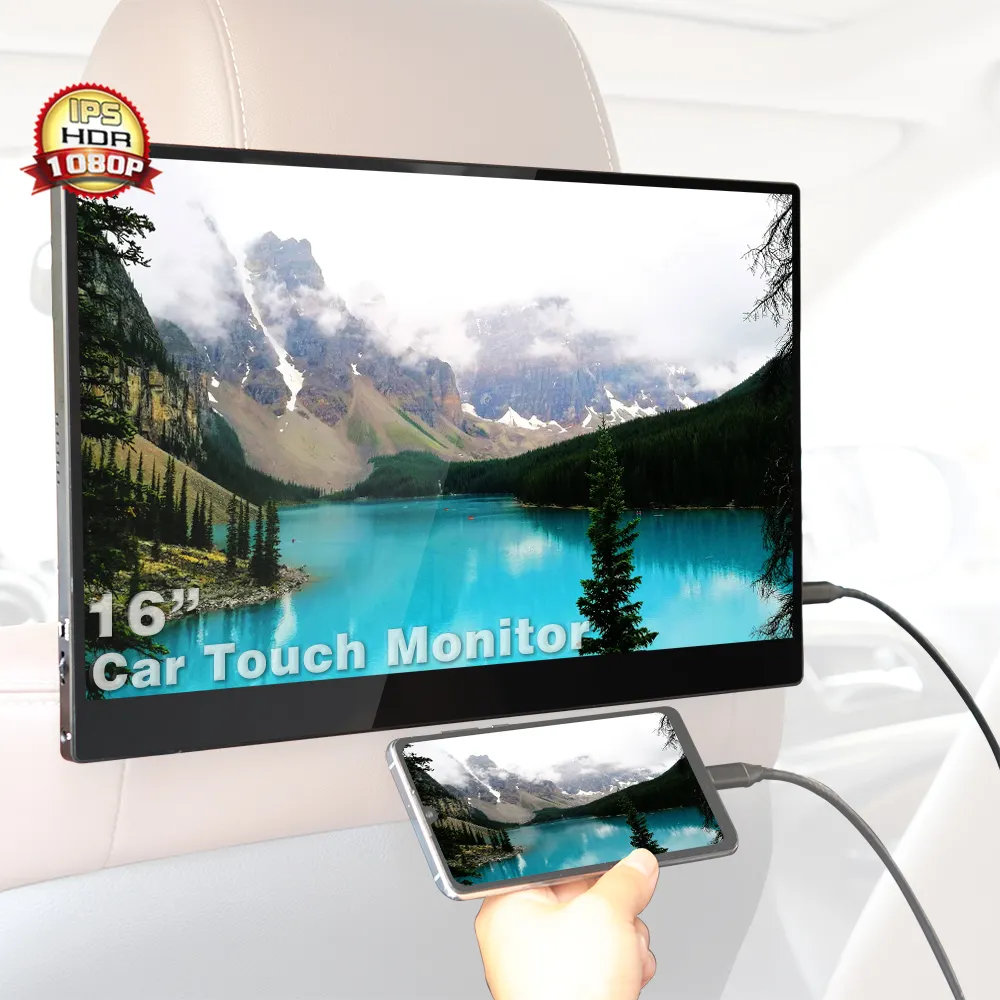 Sibolan monitor automotivo portátil, monitor para automóveis com touch, 1080p, 16 polegadas, monitor traseiro, com apropriado para tipo c, ips, tv, notebook e suporte hd