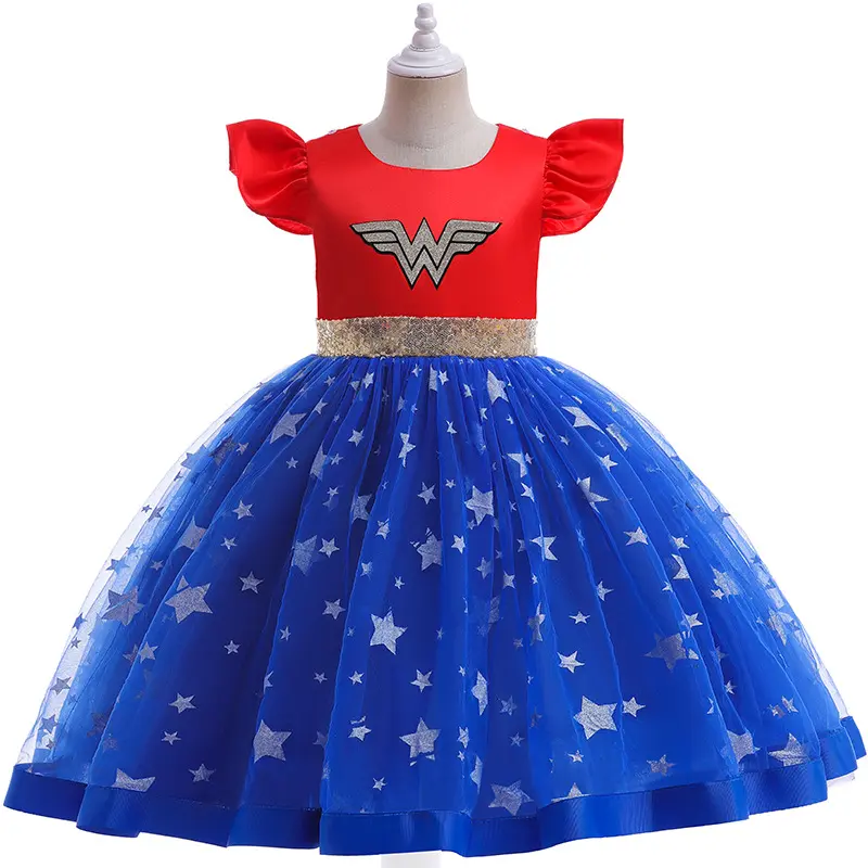 Venta al por mayor de dibujos animados de Wonder Woman Cosplay disfraz juego de imitación juguete para regalo capa empalmada vestido de malla para niños vestido de actuación