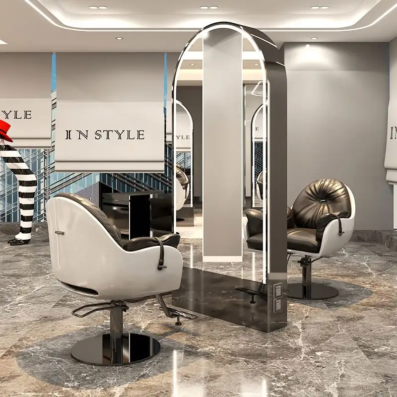 Stasiun Salon pangkas rambut profesional, alat menata rambut kecantikan dengan lampu Led cermin lantai Salon