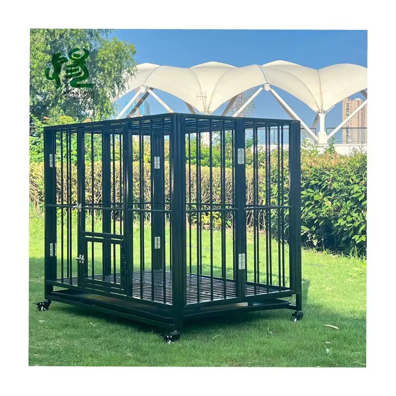 Высококачественная Толстая армированная металлическая проволочная сетка для собак большая клетка для животных двойная дверь сверхмощная Складная для перемещения на колесе