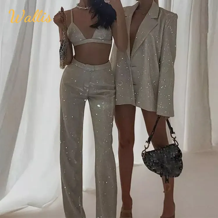 Mujer Sexy Glitter Party Bra 2 Piece Pants Set Luxury Sequin Office Club Night Outfits Blazers Ladies Women Trouser Suits