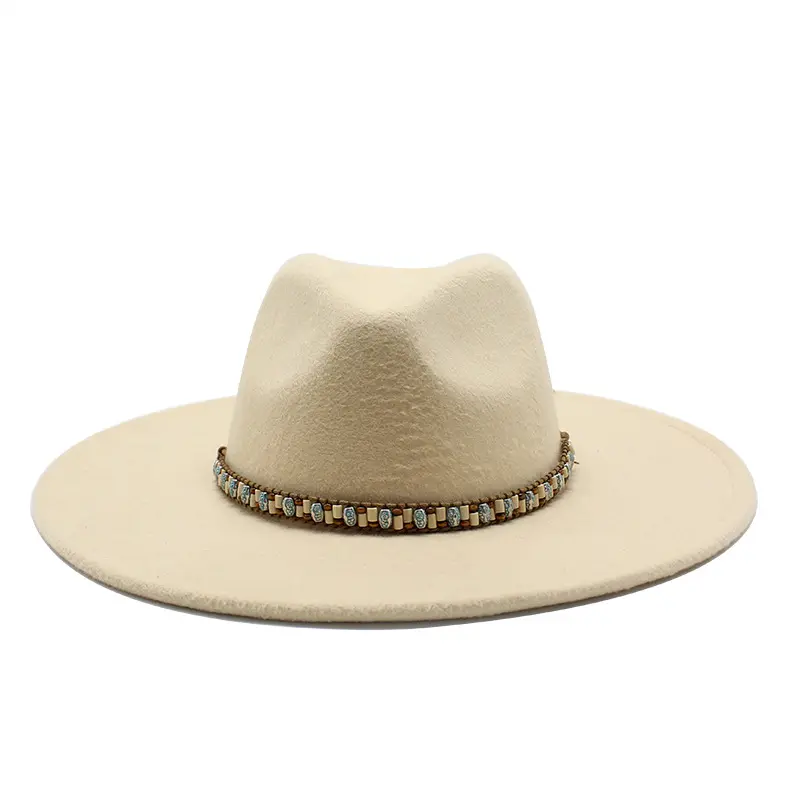 2024 Fashion Wide Brim Plain Fedora Hat Gambler Cap Soft Felt Solid Color Fedora Hats with Woven Decoration