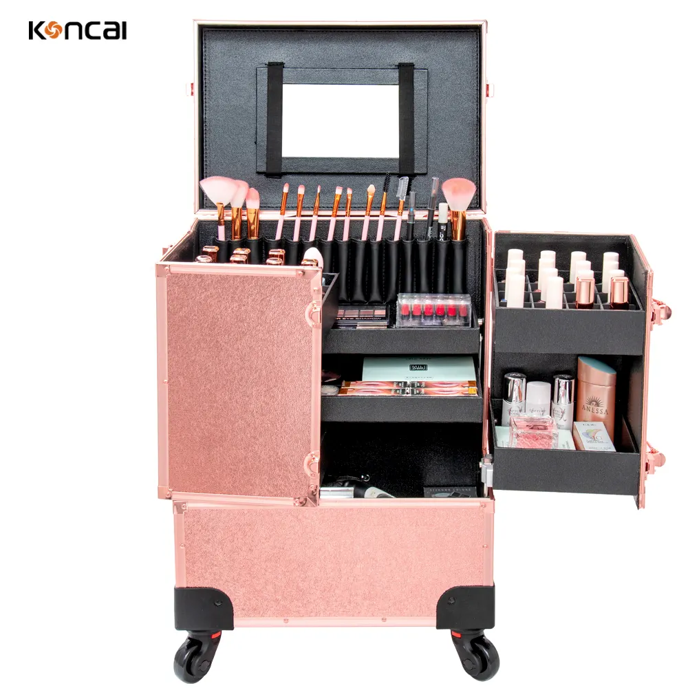 Professional Cosmetic Box Rose Gold Nail Tattoo Rolling Makeup Case On Wheels Multi-Function Beauty Trolley Suitcase