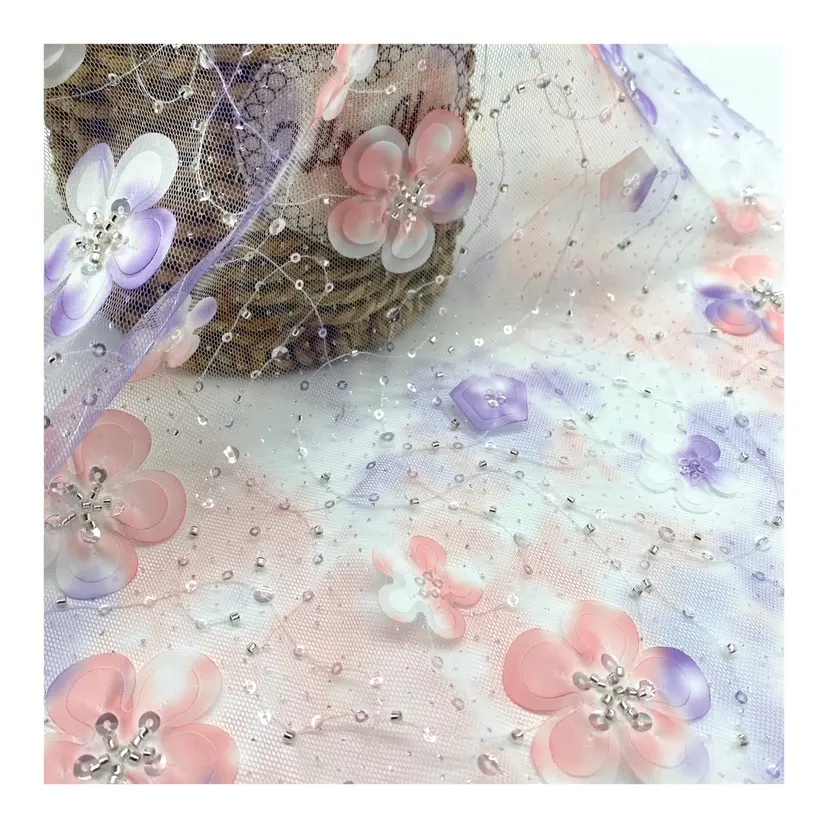 Merhaba kaliteli nakış örgü polyester dantel tül kumaş ile 3d renkli çiçek parti kıyafeti akşam elbise için