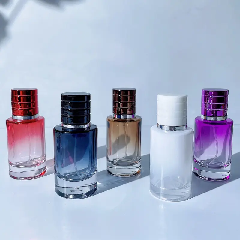Luxo perfume garrafa de vidro 30ml 50ml redondo branco âmbar vermelho cor perfume garrafa com parafuso névoa spray cap