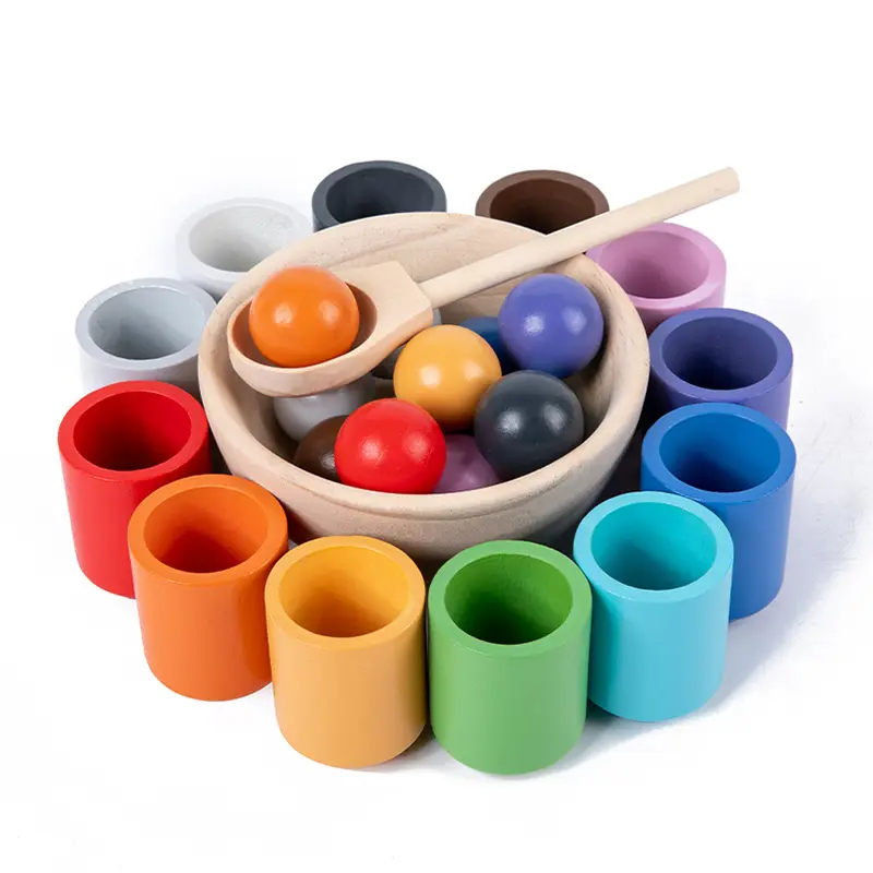 12 PCS Bolas Coloridas Copos Set Color Sorting Toy Crianças De Madeira Arco-íris Brinquedo Montessori De Madeira Educacional Bola Correspondência Brinquedo