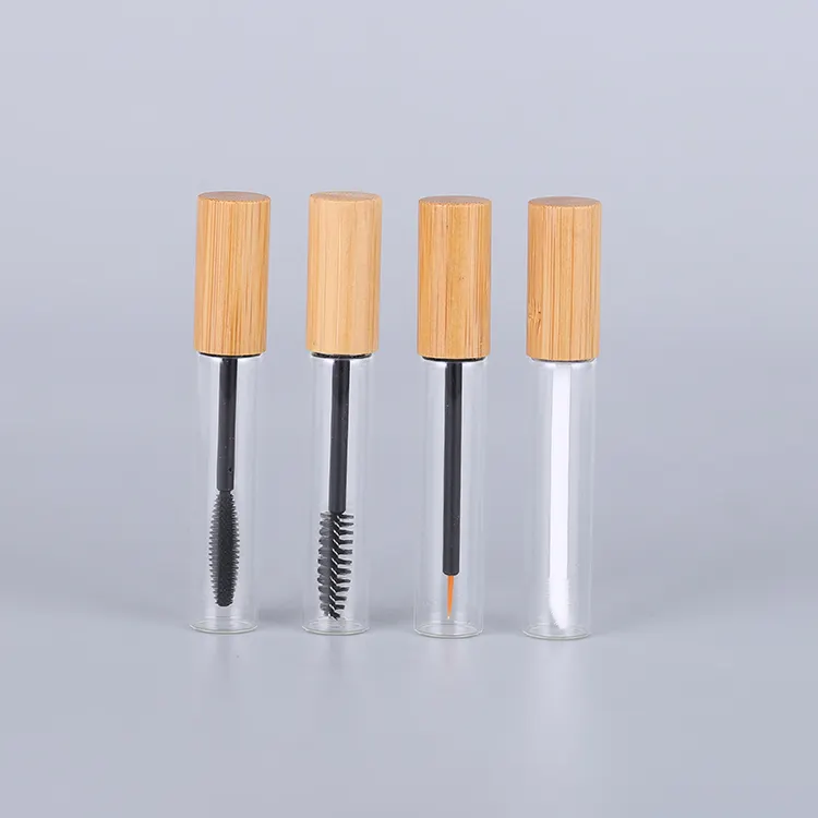 Recipiente de bambu ecológico para cílios, tubo de pincel de brilho labial de 10 ml, mini tubo de vidro para rímel e aplicador de varinha preta