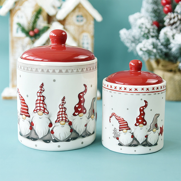 Wholesales custom Christmas ceramic storage cookie jar food coffee tea sugar candy jug with red seal ceramic lid