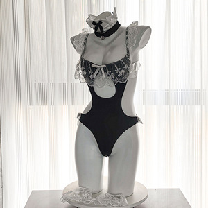 Femme de chambre tenue <span class=keywords><strong>Lingerie</strong></span> pour femmes Sexy robe de femme de chambre dentelle nœud papillon décoration Cosplay français tablier femme de chambre Anime Costume nuisette body