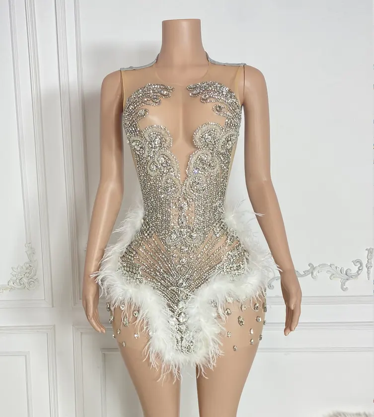 Ocstrade Glitter argento strass compleanno piuma abiti donna diamanti Sexy donne abiti da sera da sera elegante abito da ballo
