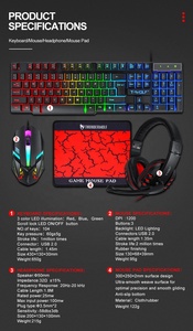 PCゲーマーコンピューターラップトップ用のTF800ワイヤーコード付き4In1ゲーミングキーボードマウスヘッドフォンとパッドキットセット - Product Image 3