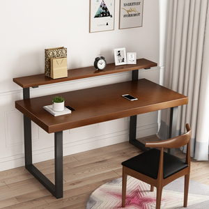 2-tier Writing Study <strong>Table</strong> with Storage Shelf Solid Wood Top Laptop <strong>Computer</strong> <strong>Table</strong> Metal Bedroom <strong>Computer</strong> Desk - Product Image 1