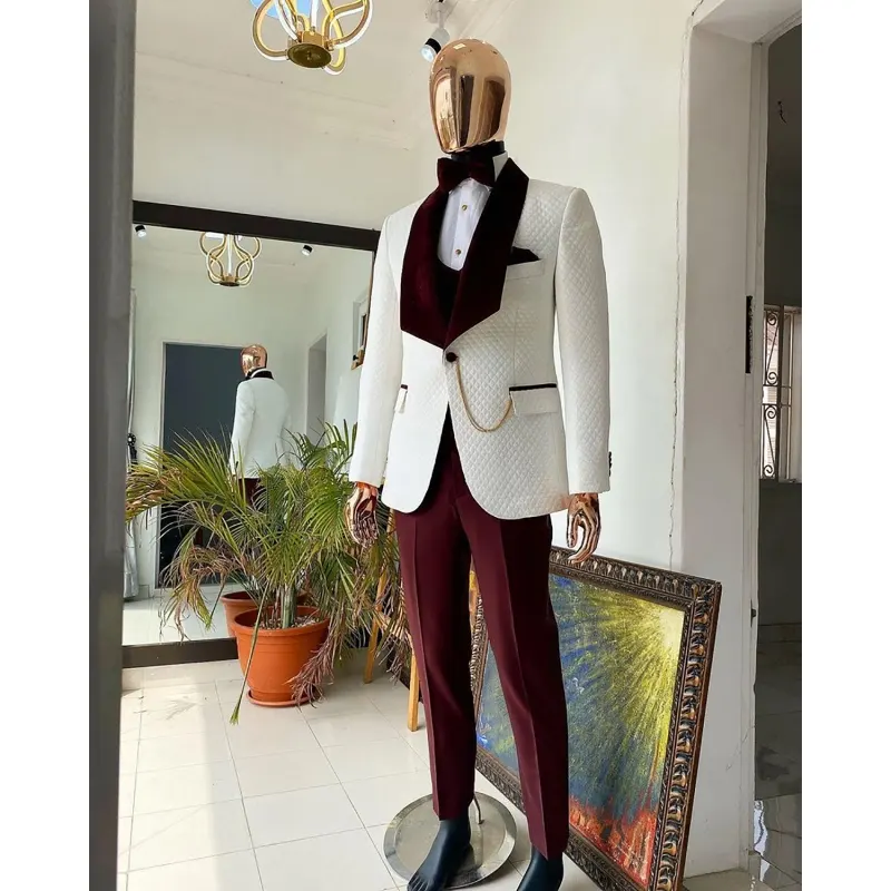 Burgundy White Men's Suits Tailor-Made 3 Pieces Blazer Vest Pants Velvet Shawl Lapel Wedding Tuxedo Modern Man Suits Plus Size
