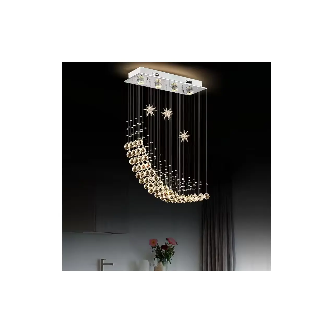 Lámpara de mesa de cristal de gota de lluvia con estrella elegante y creativa, candelabro Art Deco moderno para techo alto
