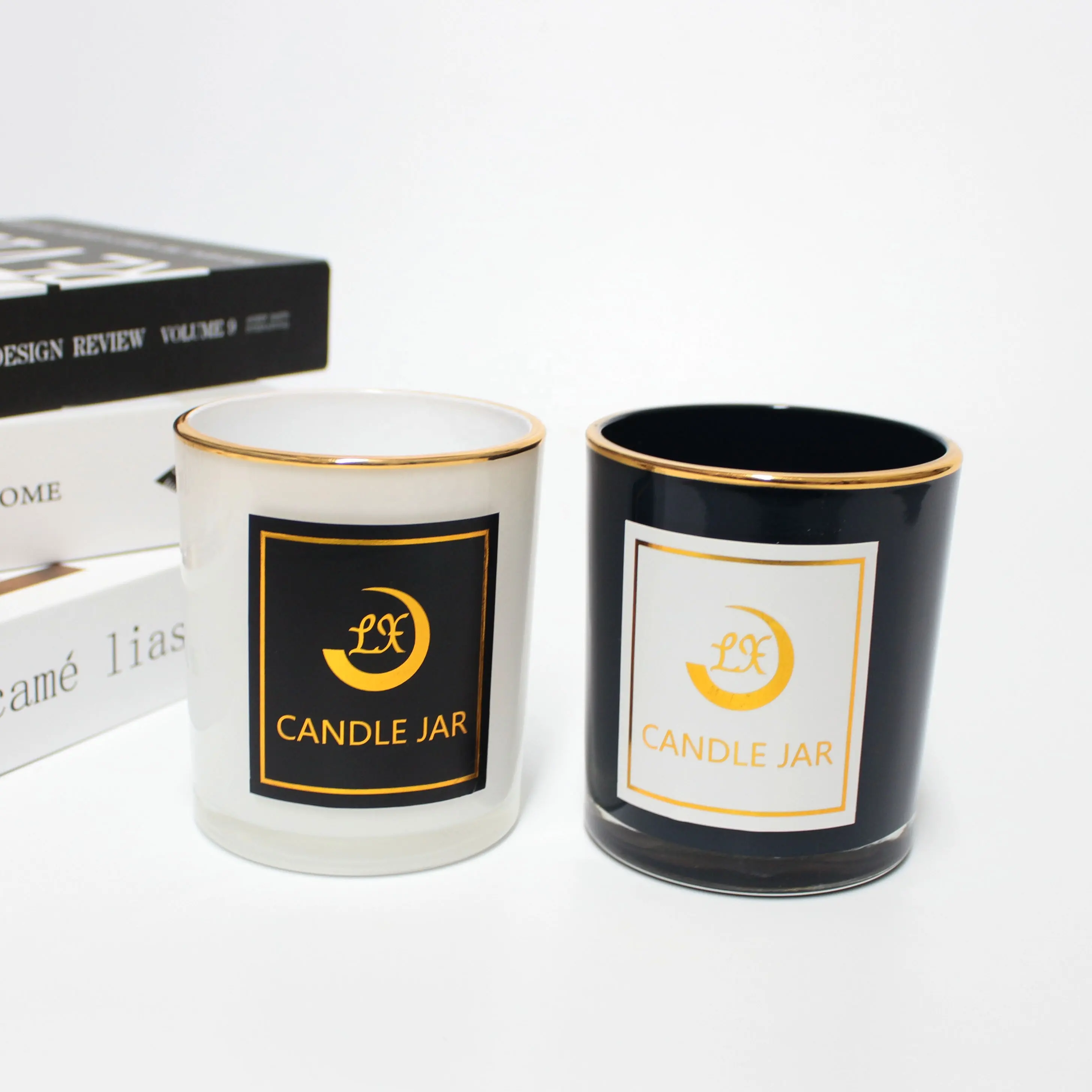 LANGXU contenitore in vetro cilindrico nero bordo dorato barattoli di candela di lusso personalizzati barattolo regalo con coperchi scatola di cartone da 500 ml