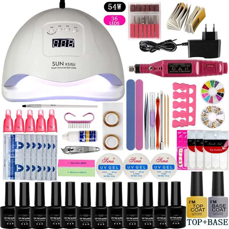 Kit com secador de esmalte de unha em gel, conjunto com luz uv 120w, base para limpeza de unhas, decorações para manicure