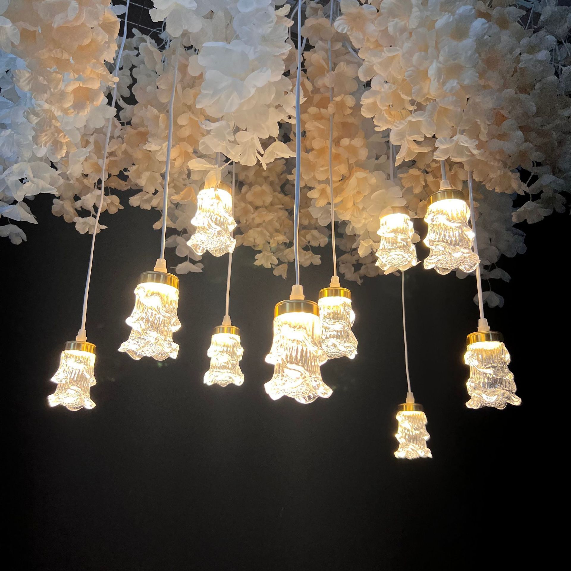 10 head acrylic peony chandelier golden warm light