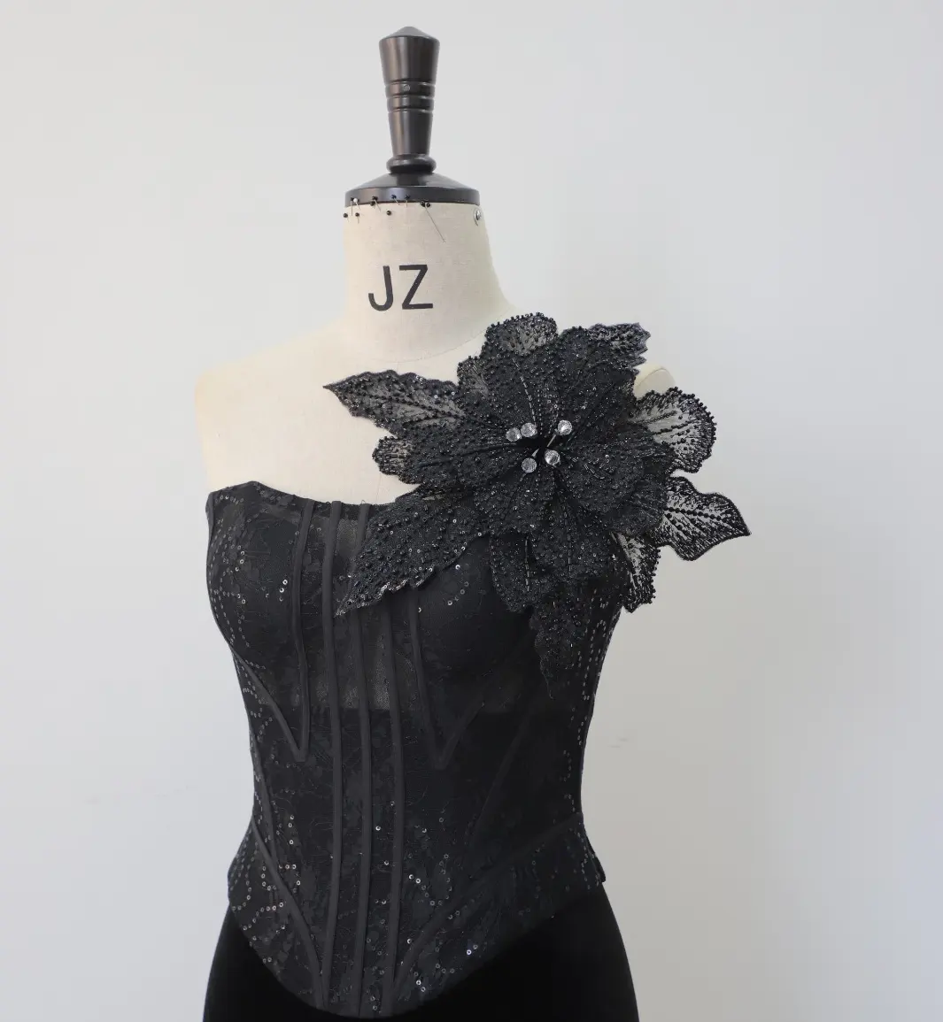 Black Sparkling Rhinestone Applique Dress Embellishments, Glamorous Sequin Beaded Luxurious Bodice Decor