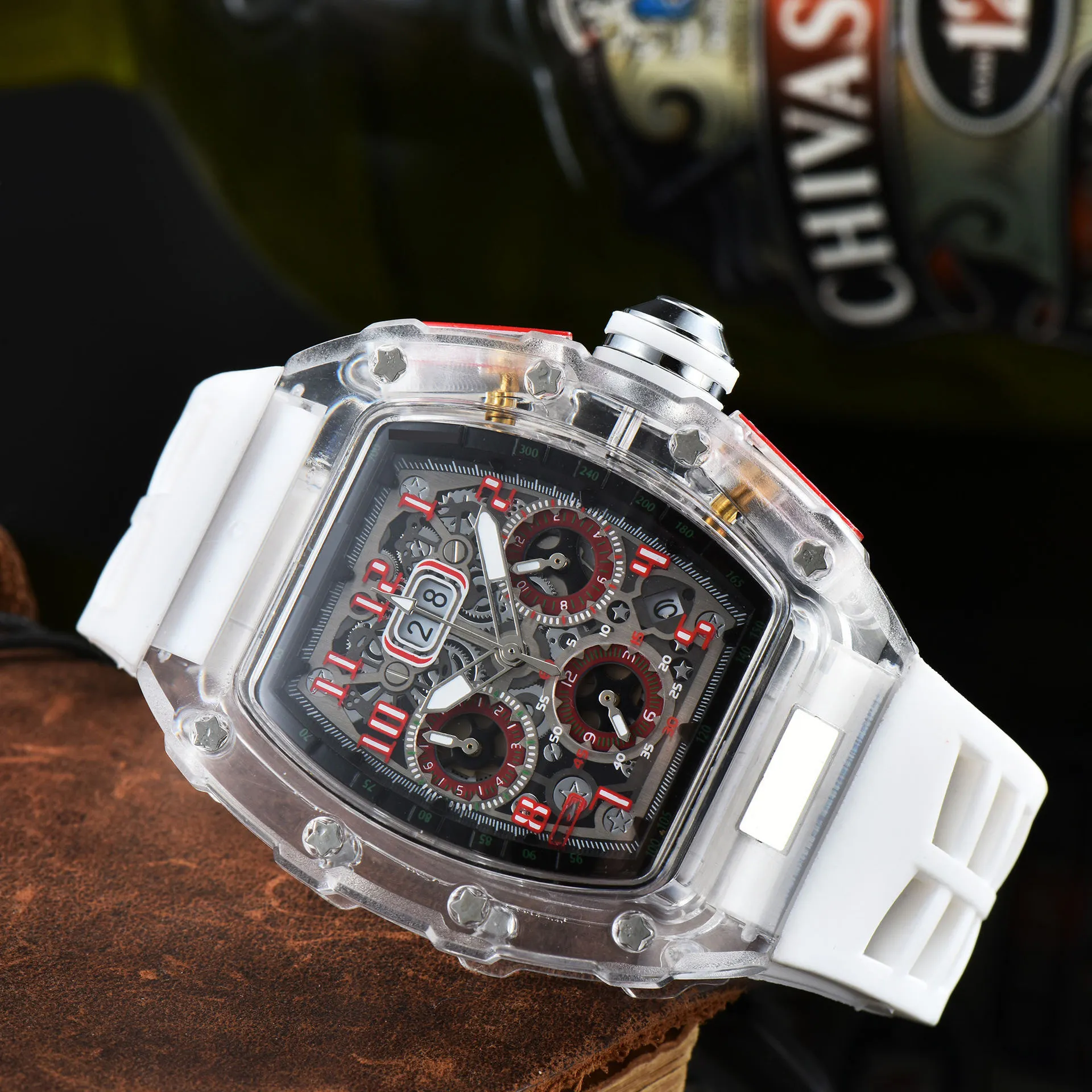 Krm Crystal Transparant Multifunctioneel Zes Naaldlopend Tweede Roterende Tourbillon Kalender Quartz Horloge Groothandel