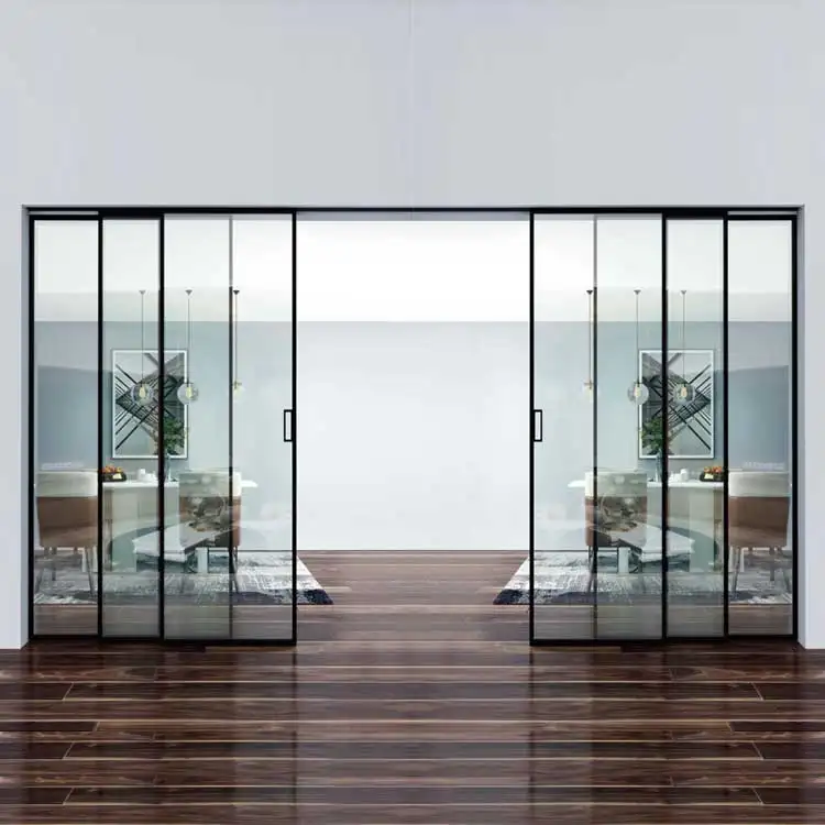Офисная домашняя черная белая тонкая рамка алюминиевая стеклянная раздвижная дверь 6 панелей синхронизированные выдвижные Телескопические Раздвижные Стеклянные Двери