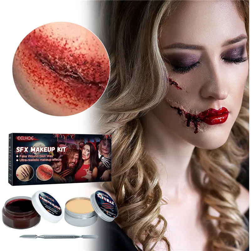 EELHOE SFX kit de maquillaje cicatriz cera sangre gel plata espátula Halloween cicatrices kit de maquillaje horror atmósfera fiesta accesorios cosméticos conjunto