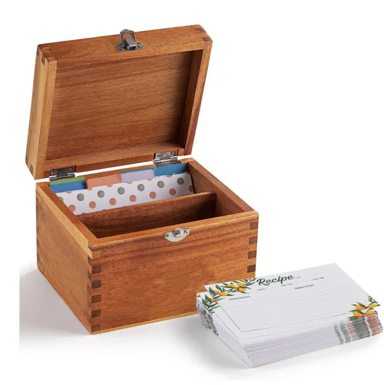 Acacia kotak resep dengan kartu, kotak resep kosong Set kayu dilengkapi dengan 50 4x6 kartu resep