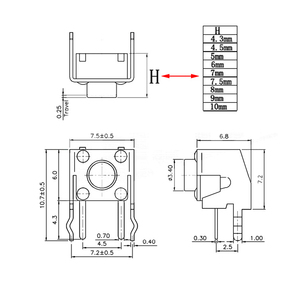 6x6mm PCB momentanea tattile tattile Mini interruttore a pulsante ad angolo retto con Stent 6x6x3/4.5/5/6/7/7.5/8/9/10mm - Product Image 6