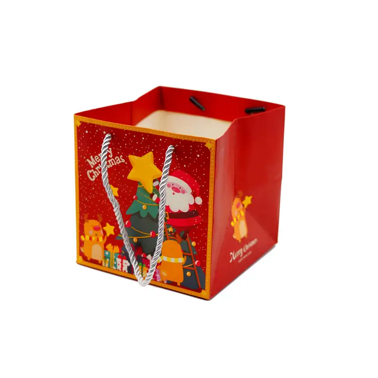 حقيبة ورقية صغيرة مخصصة لهدايا أعياد الميلاد حقيبة ورقية مربعة حمراء صغيرة للتسوق للأطفال مزودة بيد مسك