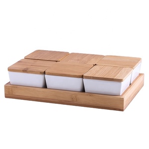 Custom 4pcs Ceramic Condiment <strong>Dish</strong> <strong>White</strong> Snack Bowl Fruit Server Porcelain <strong>square</strong> Serving Dip Bowl <strong>Set</strong> with Wooden Tray - Product Image 1