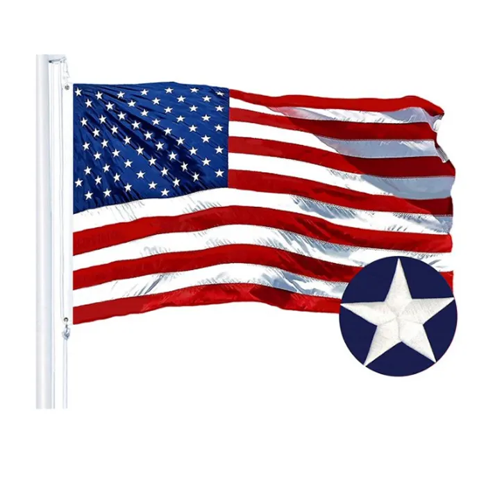 2023 الصين مصنع أمريكي علم الولايات المتحدة ألوان زاهية غرزتين بمخالب نحاسية 3X5 قدم 210D علم أمريكي مطرز