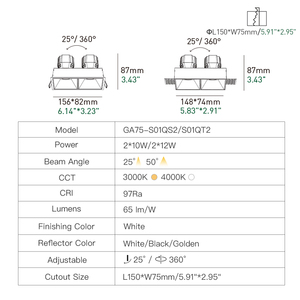 Xrzlux 10w * 2 समायोज्य नेतृत्व कोब डाउनलाइट डबल-हेड स्क्वायर रीसेस्ड स्पॉटलाइट आधुनिक एडेल डिमेबल 97 50 लिविंग रूम - Product Image 5