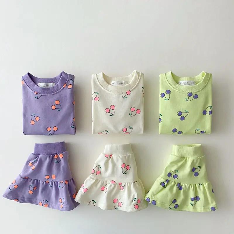 Conjuntos de ropa coreanos para niños, Tops para niñas pequeñas, falda con estampado de cerezas, de dos piezas